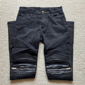 MNML designer-style moto biker jeans w/ faux leather knees